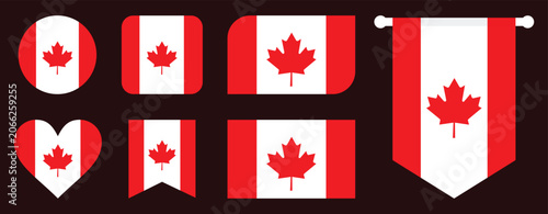 Canada Flag Icons Collection in Multiple Shapes Including Circle, Heart, Rounded Square, Rectangle, Bookmark and Pennant Banner Vector Set Isolated on White Background
