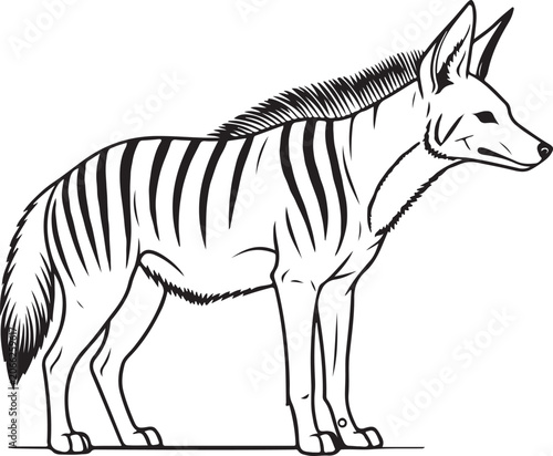 Striped Hyena Standing Side Profile Line Art Vector Illustration