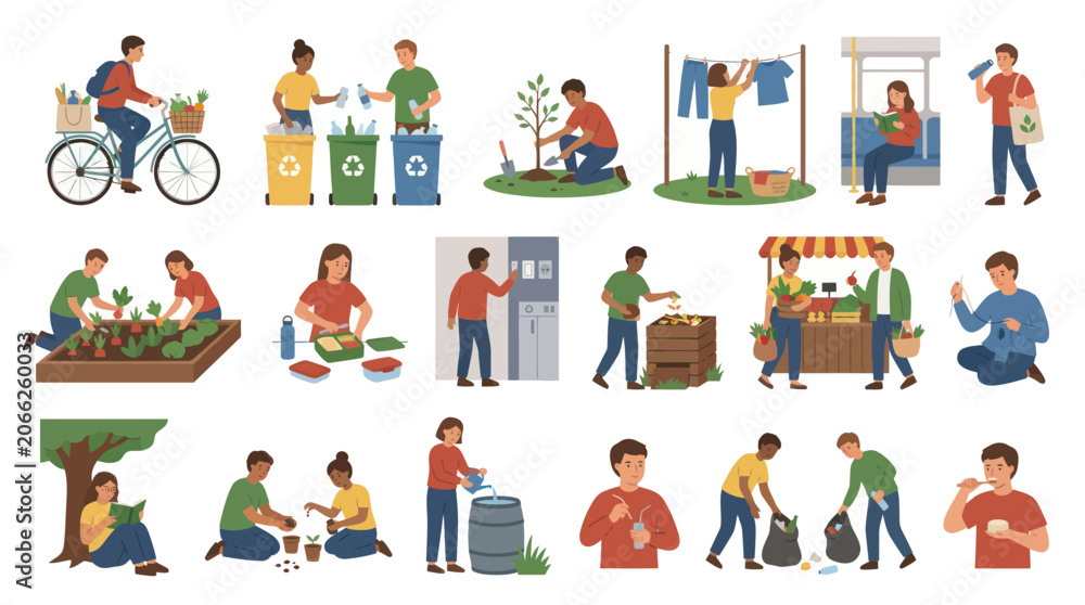 Fototapeta premium Eco-friendly lifestyle vector illustrations: recycling, gardening, sustainable living