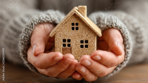 Cozy Hands Gently Cradle Miniature House Symbolizing Home Ownership and Security