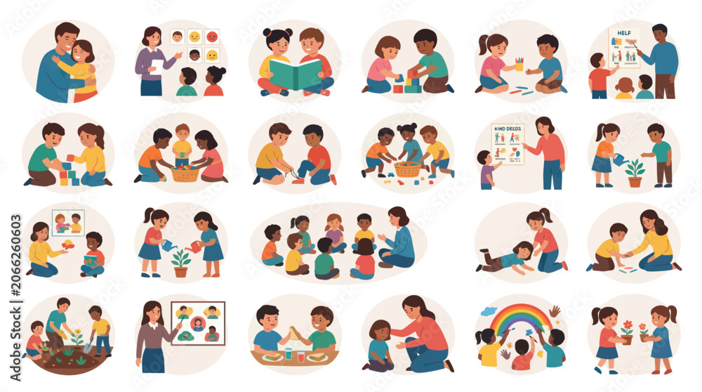 Fototapeta premium Early Childhood Education and Childcare Activities Flat Vector Illustration Set with Kids, Teachers Parents