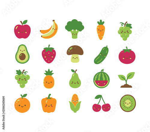 Cute anime style fruit and vegetable vectors set, funny kawaii organic food stickers isolated on white background