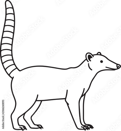 Simple Coati Standing Side View Ringed Tail Outline Vector Art