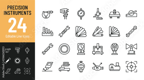 Precision instruments and measuring tools line icons set. Micrometer, caliper, dial indicator, and gauge collection for engineering and manufacturing. Professional industrial outline vector icons.