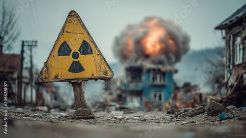 Radiation Warning Sign In The Midst Of A Devastating Nuclear Explosion And Destruction