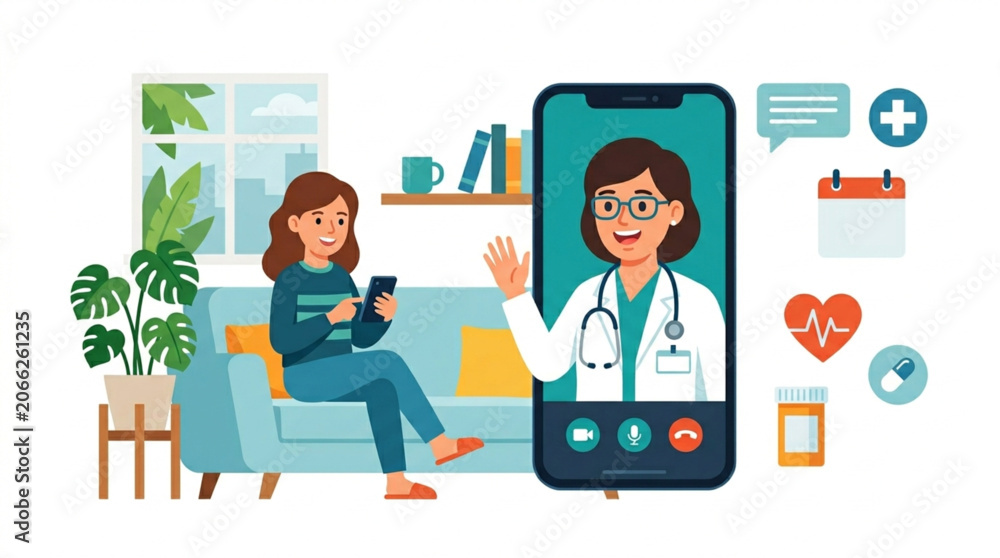 Fototapeta premium A woman consults with a doctor via video call on her smartphone while sitting on a sofa in a cozy living room, illustrating telemedicine convenience