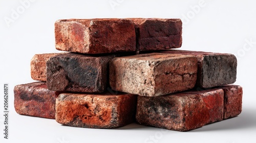 Stack of red weathered bricks on a white background detail