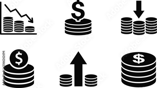 Foto Minimalist financial analytics icon set featuring dollar coin stacks descending