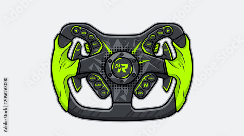 Modern Racing Steering Wheel with Neon Green Accents and Custom Graphics