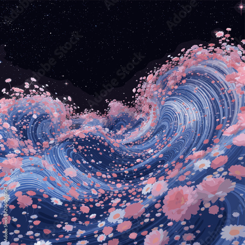 фотографія A beautiful stylized ocean wave at night, adorned with countless pink and white cherry blossoms under a starry sky, evoking a dreamlike and serene atmosphere