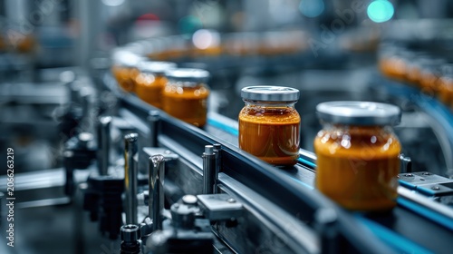 Automated production line processing amber colored liquid in glass jars on a conveyor belt system