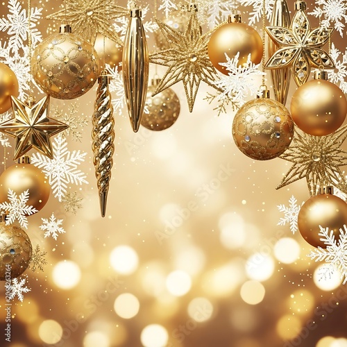 A festive arrangement of gold Christmas ornaments and snowflakes on a golden background with bokeh lights