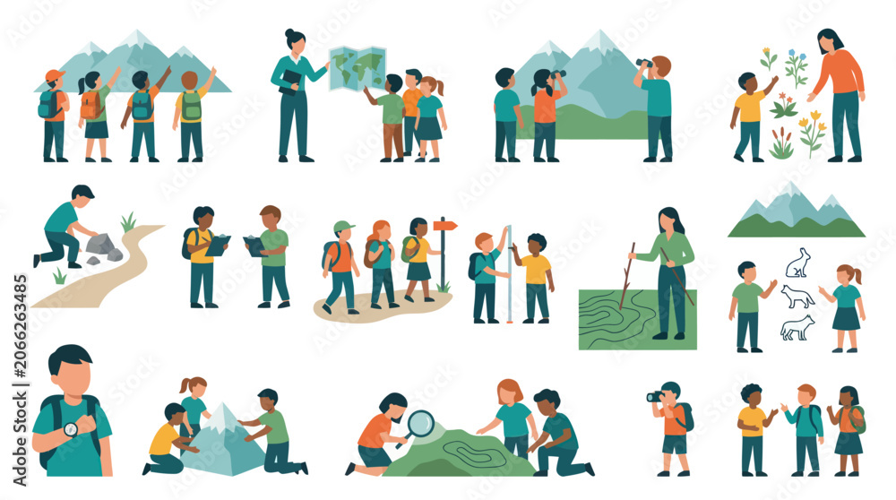 Fototapeta premium Flat Vector Illustration Set: Children Learning, Exploring Nature Outdoor Education Adventures