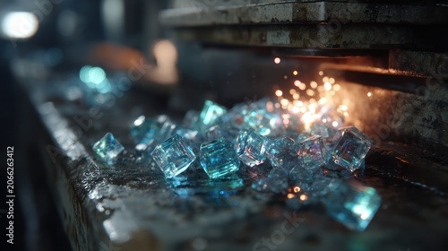 Sparkling Ice Cubes Under Dramatic Industrial Lighting With Sparks Flying