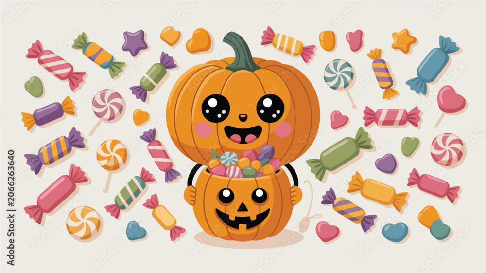 Naklejka premium Cute happy pumpkins surrounded by many colorful candies and lollipops for Halloween celebration