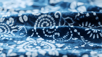 A close-up shot of a textured indigo blue dabu special hand block print fabric with traditional white floral patterns and soft folds.