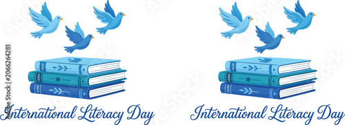 International literacy day illustration with books and flying birds
