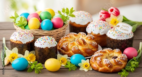A festive arrangement of sweet breads and cupcakes with colorful eggs