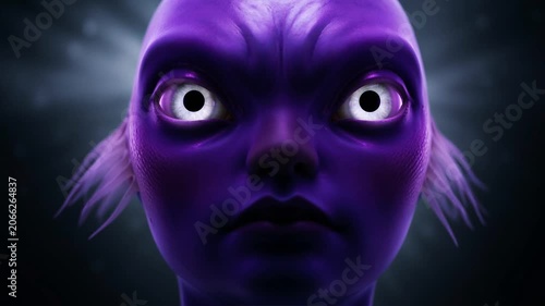 Close Up Portrait of a Mysterious Purple Extraterrestrial Being with Glowing White Intense Eyes
