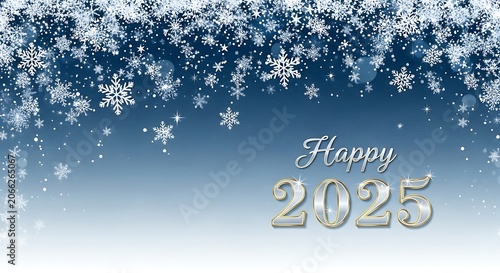 A festive blue and white background with snowflakes and Happy 2025 text