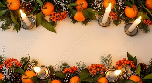 A festive border of evergreen branches, candles, and fruits on a beige background