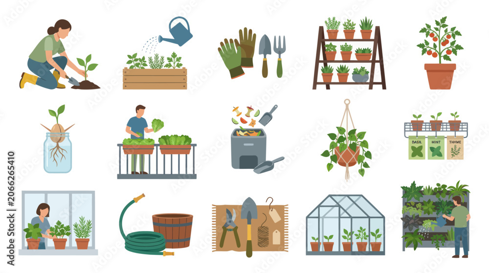 Fototapeta premium Flat Design Illustration of Gardening Activities and Tools