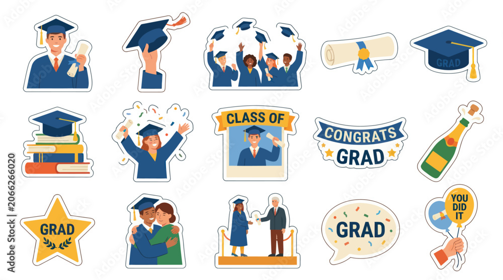 Fototapeta premium Education Graduation Flat Vector Sticker Set. Happy Graduates, Academic Caps, Diplomas, Books, Champagne Celebration