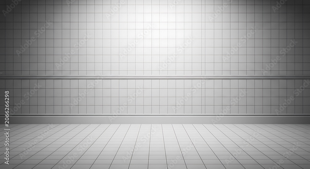 Fototapeta premium White Tile Wall and Floor Interior with Spotlight