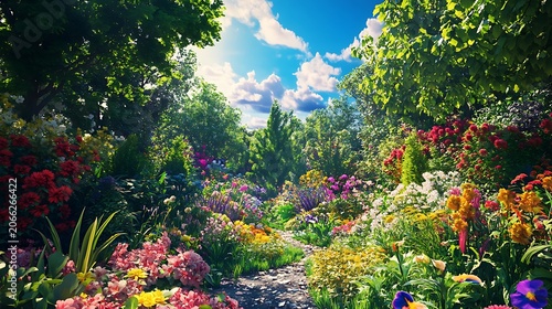 Vibrant garden scene with colorful flowers and lush greenery under a bright sky