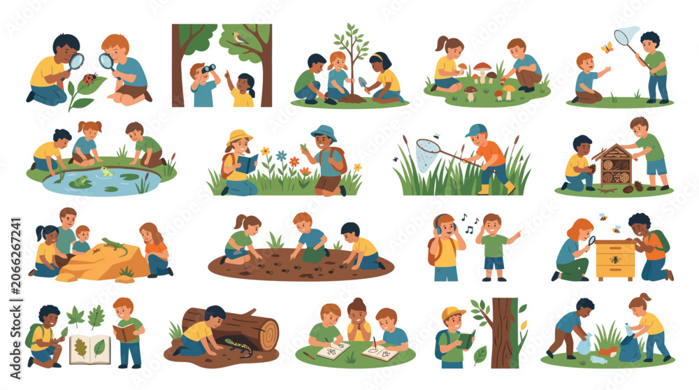 Naklejka premium Children Exploring Nature, Studying Insects and Plants - Flat Style Vector Art