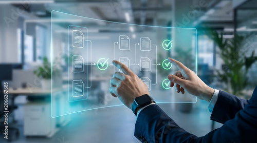 Businessman managing workflow automation on futuristic virtual screen with digital document flow chart and checkmark icons, concept of project management, compliance, and smart office data verificatio