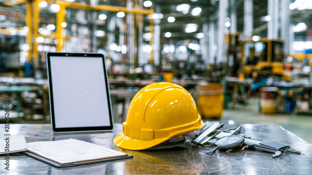 Fototapeta premium Construction Safety Mockup With Blank Tablet Yellow Hard Hat and Industrial Factory