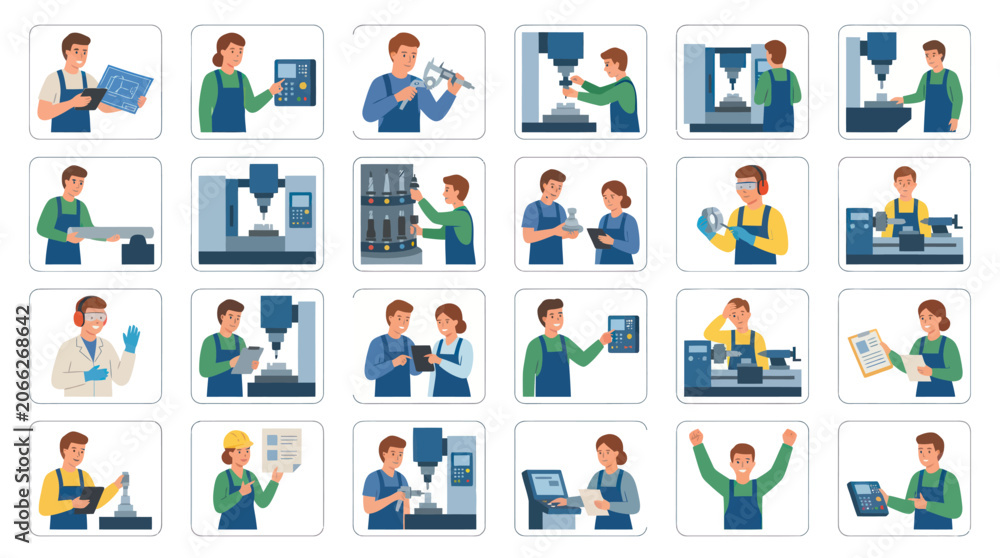 Fototapeta premium Industrial Machining Workers and Equipment: Flat Vector Icons