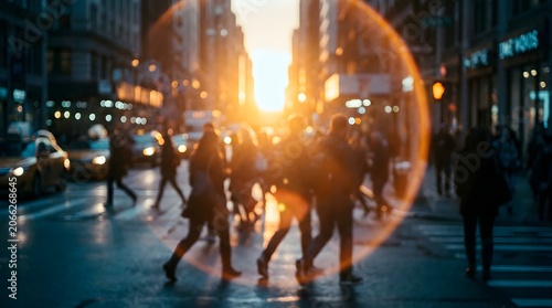 Crowded Metropolitan Street Scene with Silhouetted Commuters During Golden Hour Sunset