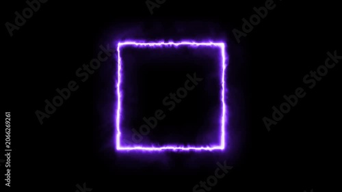 Abstract mauve neon rectangle frame animation with electric light distortion, intense purple geometric lightning border line isolated on black 4K