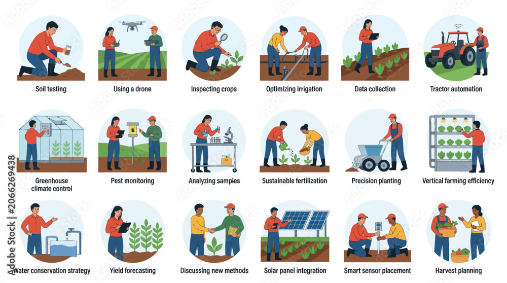 Naklejka premium Precision Agriculture and Smart Farming Flat Vector Icons Set. Modern Agri-tech Concepts.