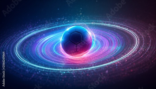 Futuristic Soccer Ball Surrounded by Neon Light Rings in Digital Abstract Style