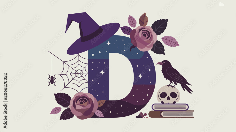 Obraz premium Dark letter D decorated with witch hat, raven, skull, spiderweb, and roses for spooky holiday