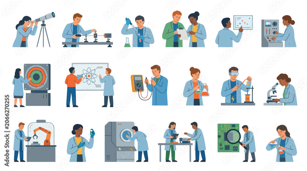 Fototapeta premium Scientists in Lab Coats Conducting Experiments: Flat Vector Stock Art