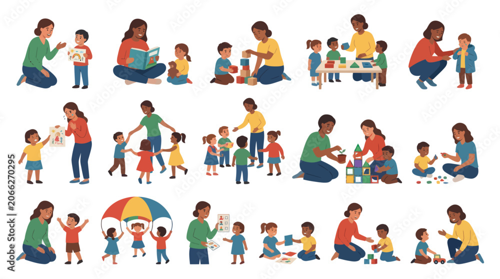 Fototapeta premium Diverse Teachers and Children in Preschool Activities, Flat Vector Style