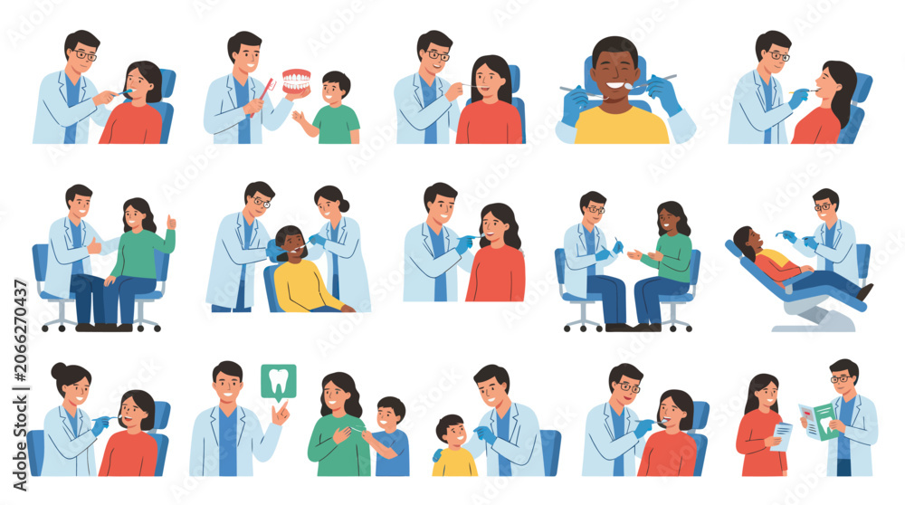 Fototapeta premium Dentistry and Oral Health Care Flat Vector Illustrations. Dentists Examining Patients, Dental Check-ups.
