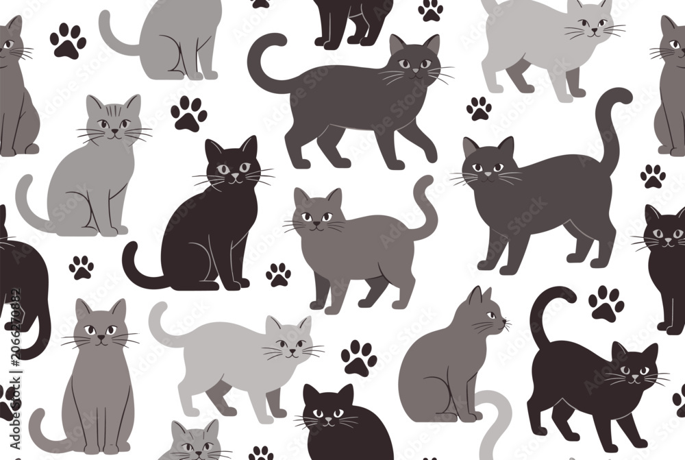 Fototapeta premium Seamless pattern featuring various cat silhouettes in shades of grey and black alongside scattered paw prints on a neutral white background.
