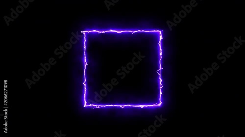 Abstract mauve neon rectangle frame animation with dynamic light surges, intense purple geometric lightning border line isolated on black 4K