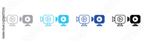 Fotografie Camera playback button line and solid vector icons set with production entertain