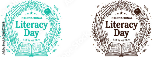 International literacy day emblems with books and laurel wreaths september 8th