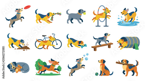 Flat design vector illustration of playful dogs engaged in various pet activities, training, and leisure