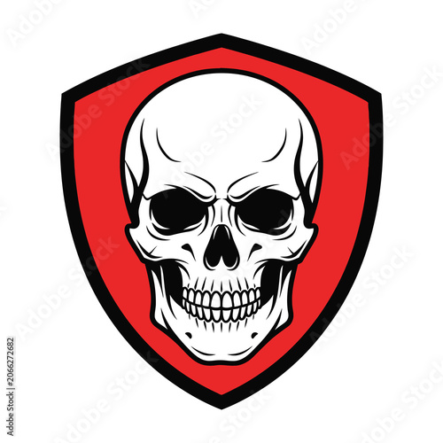 Schilderij op canvas Human Skull Emblem Inside a Red Shield Shape Isolated on White Background for Ga