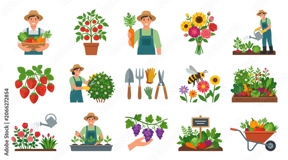 Fototapeta premium Gardening and Farming Flat Vector Illustrations Set: Gardeners, Vegetables, Fruits, Flowers Tools