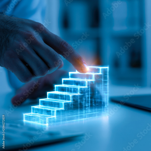 Hand Touching Glowing Digital Stairs for Business Growth