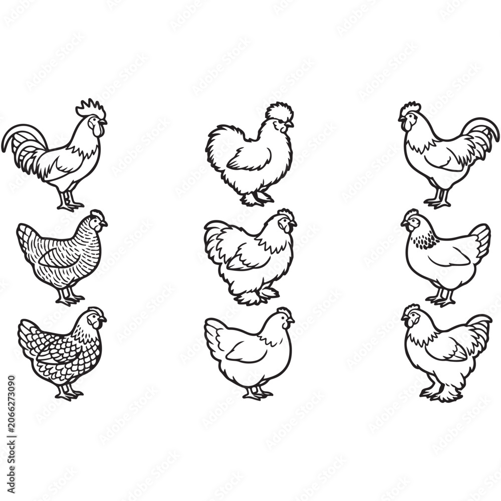 Fototapeta premium Chicken Breed Outline Collection Featuring Rooster Hen and Domestic Poultry Vector Set
